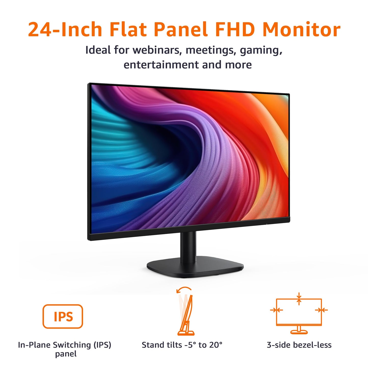 Basics 24 Inch (23.8 inch viewable) Monitor, FHD 1080P, Max 100Hz, VESA Compatible, Built-in Speakers, Black