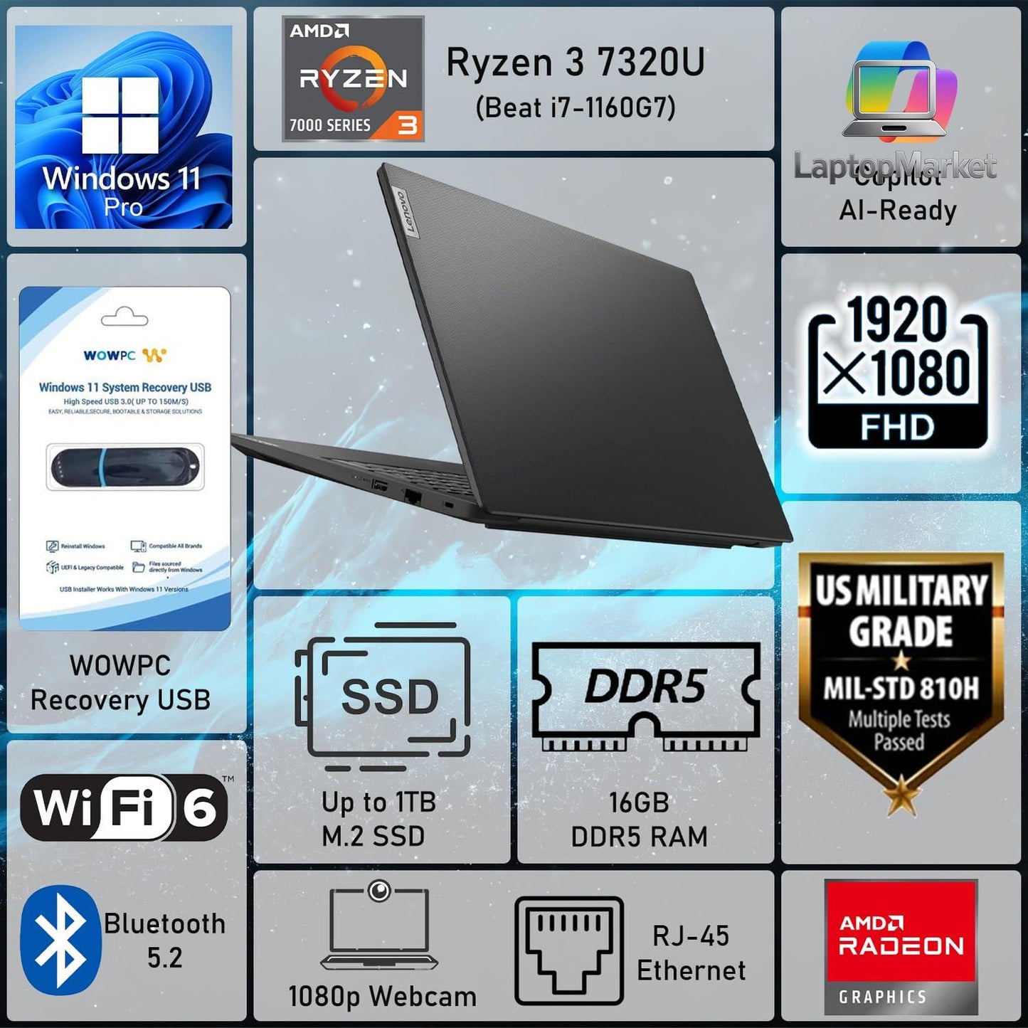 Lenovo V15 Business Laptop 2026 Edition, AMD Ryzen 3 7000-Series(Beat i7-1065G7), 15.6" FHD Display, 16GB DDR5 RAM, 256GB NVMe SSD, Wi-Fi 6, RJ-45, Dolby Audio, Windows 11 Pro, WOWPC USB, no Mouse