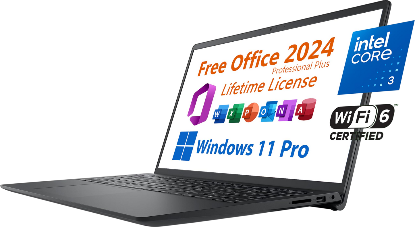 Dell 2025 Inspiron 15 Business Laptop, Free Microsoft Office 2024 Lifetime License, 15.6 FHD, Intel 6-Core Core 3 100U 4.7 GHz, 8GB RAM, 256GB PCIe SSD, Windows 11 Pro, Toree Wireless Earbuds