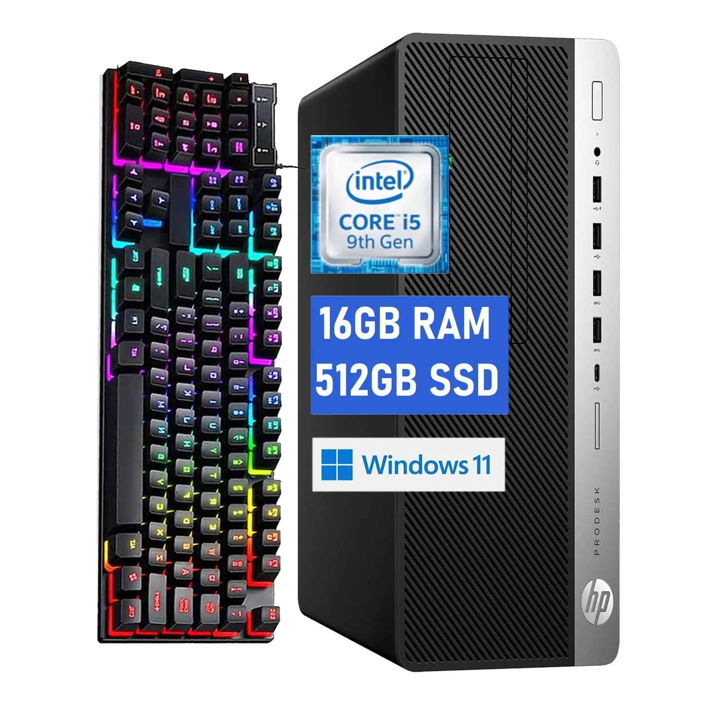 HP ProDesk 600G5 SFF Desktop Computer PC 600G5 Computer Core 9th 16GB RAM 512GB Solid State Drive RGB Keyboard Internal WiFi Windows11