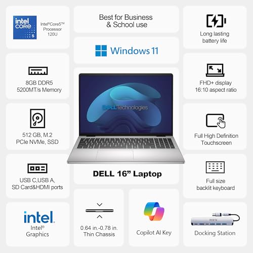 Dell 16" 2K Touchscreen Laptop – Intel Core 5 120U, 16GB RAM, 512GB SSD, 16:10 Display, Backlit Keyboard, Windows 11 Pro- Platinum Silver