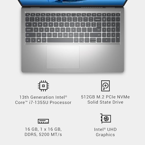Dell 15 Laptop DC15250-15.6-inch FHD 120Hz Display, 13th Gen Intel Core i7-1355U, 16GB DDR5 RAM, 512GB SSD, Intel UHD Graphics, Windows 11 Home, 1 Year Basic Onsite Service - Platinum Silver