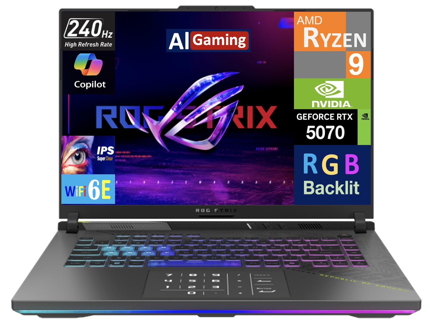 ASUS ROG Strix G16 AI Gaming Laptop 16.0" 240Hz IPS WQXGA Display (AMD Ryzen 9 9955HX, GeForce RTX 5070 8GB, 64GB DDR5, 1TB PCIe SSD, RGB KB, WiFi 6E, Win 11 Pro) w/DKZ USB Port Expander