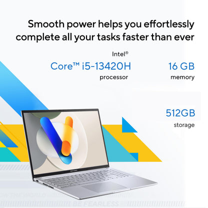 ASUS Vivobook 16 Laptop, 16" WUXGA 60Hz Display, Intel Core i5-13420H, Iris Xᵉ Graphics, 16GB Memory, 512GB Storage, Windows 11, Cool Silver, F1605VA-ES56