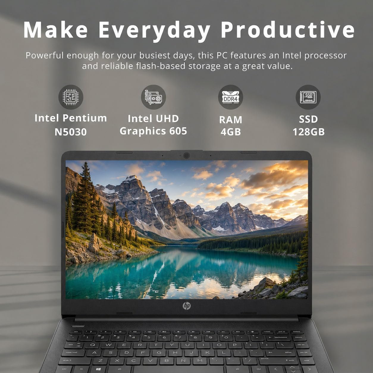 Custom HP 14" Laptop • Intel Pentium Silver N5030 • 720p HD Screen • 4/8/16/32 GB RAM • 128GB/256GB/512GB/1TB/2TB SSD • Up to 9.5 Hours Battery Life • Windows 11 Home • HP Camera