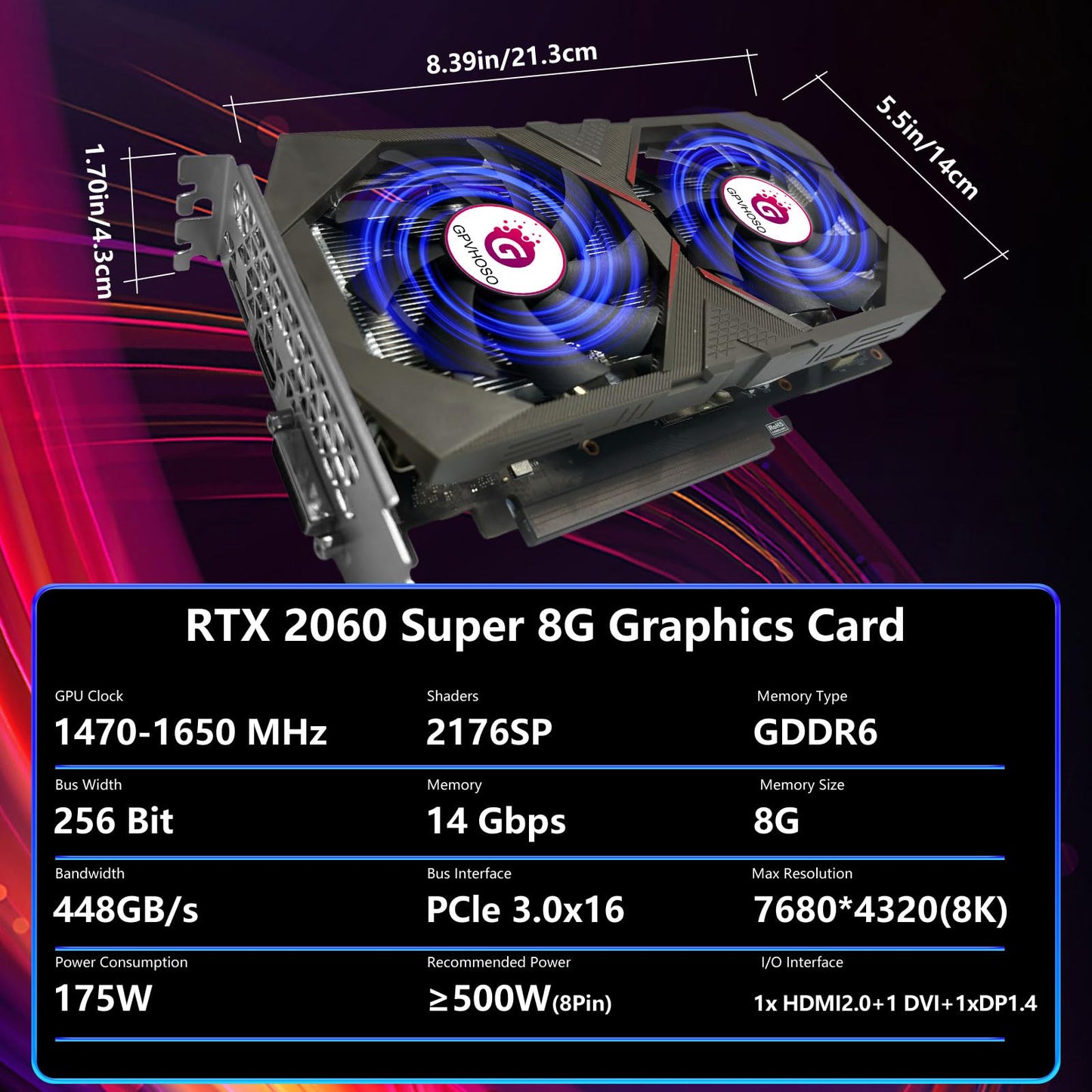 GPVHOSO RTX 2060 8GB Super Graphics Card 256Bit GDDR6 Video Card with Ray Tracing, Dual Fans, PCI Express x 16 3.0 HDMI Display Port DVI, Supports Up to 8K for PC Gaming Office Creative Work