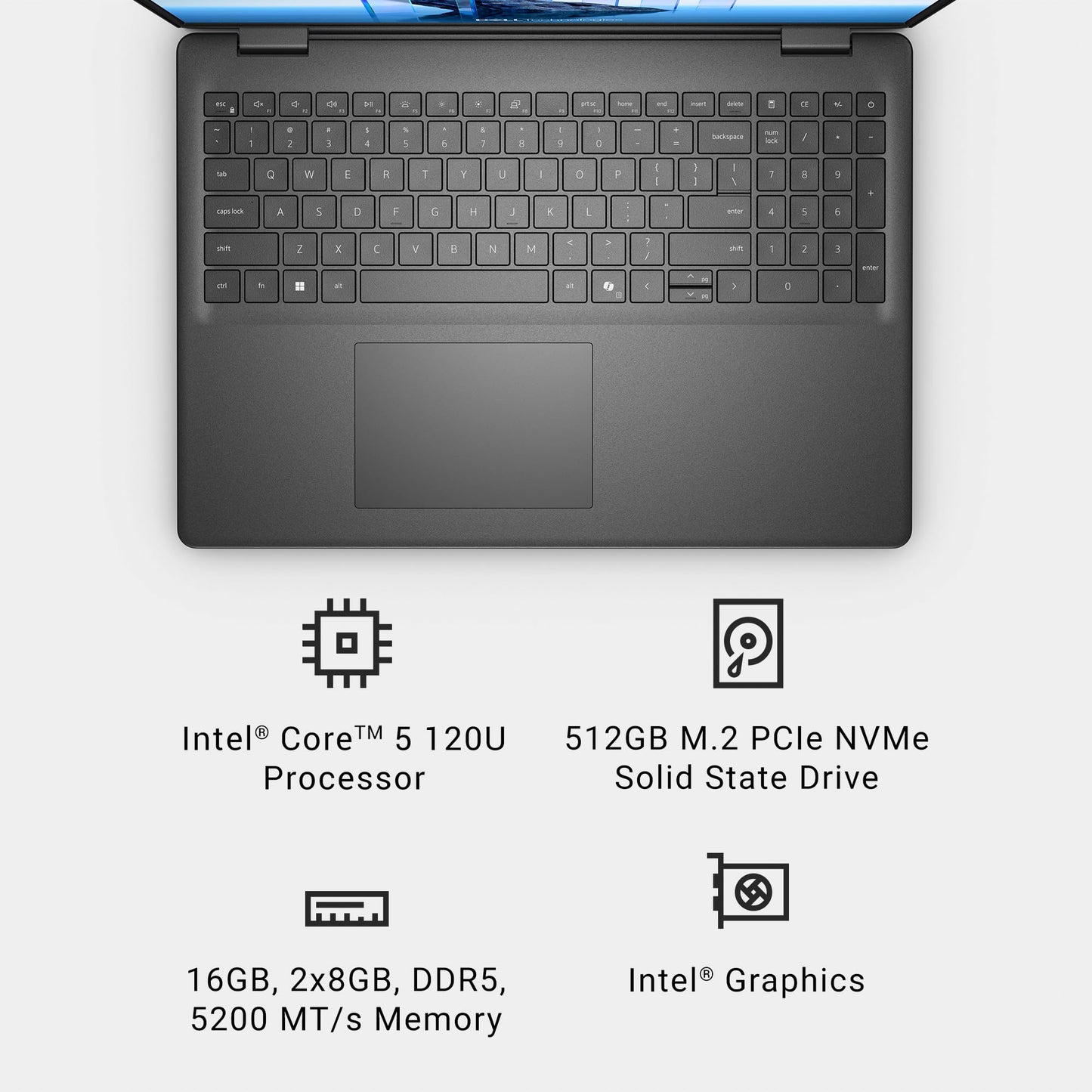 Dell 16 Laptop DC16250-16.0-inch 16:10 FHD+ Touch Display, Intel Core 5 120U Processor, 16GB DDR5 RAM, 512GB SSD, Intel Graphics, Windows 11 Home, 1 Year Basic Onsite Service - Carbon Black
