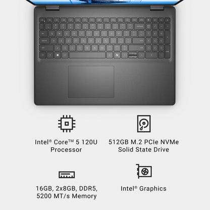 Dell 16 Laptop DC16250-16.0-inch 16:10 FHD+ Touch Display, Intel Core 5 120U Processor, 16GB DDR5 RAM, 512GB SSD, Intel Graphics, Windows 11 Home, 1 Year Basic Onsite Service - Carbon Black