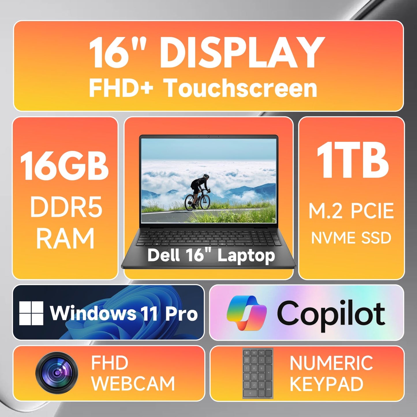 Dell 16-inch Touchscreen Laptop for Work & Study – 16" FHD+ Anti-Glare, 16GB DDR5 RAM, 1TB SSD, Intel 10-Core 7 150U(Up to 5.4GHz), Ai Copilot, Backlit KB, Win 11 Pro, Long Batterie Life