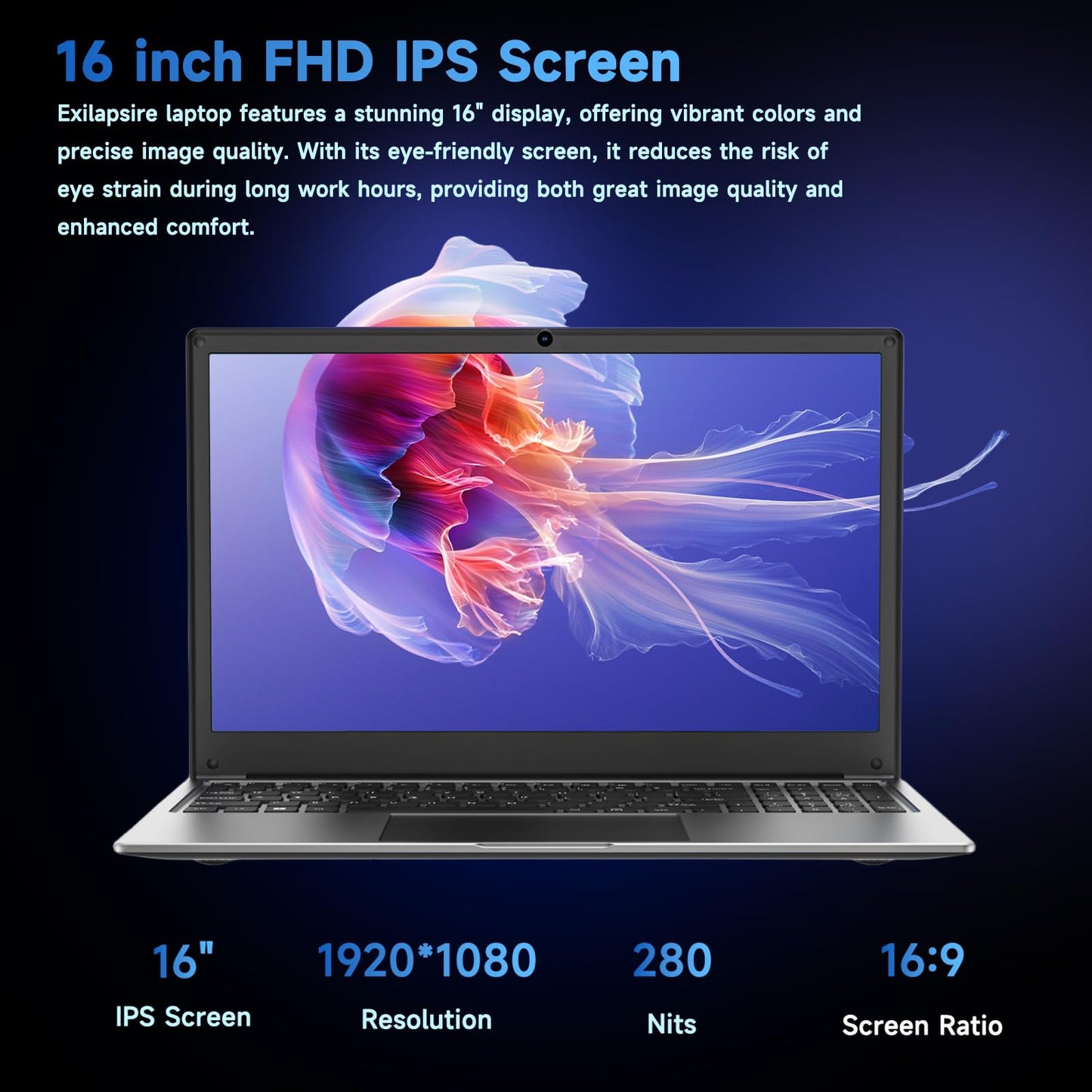Exilapsire 16 inch Laptop Computer,8GB RAM 256GB SSD Storage Laptop PC,with AMD A9 Processor(up to 3.2GHz),IPS FHD Display,Win11 Pro,Students & Work Notebook Computer,9000mAh Battery,Cooling System