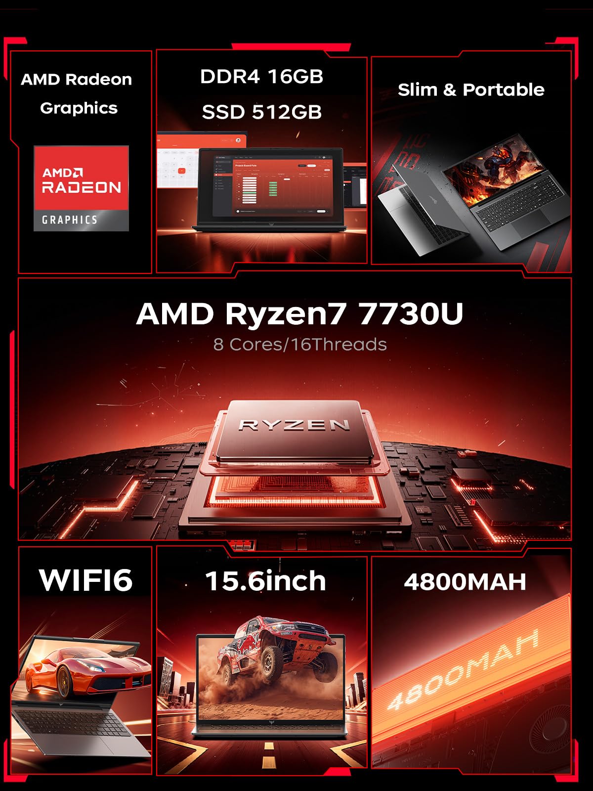 MALLRACE 2026 Gaming Laptop with AMD Ryzen 7 7730U 8-core Processor（Up to 4.5GHz,16GB DDR4 RAM 512GB SSD, AMD Radeon Graphics,WiFi 6,15.6 inch IPS Display,Webcam, AMD Laptop Computer