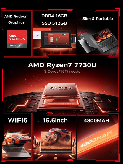 MALLRACE 2026 Gaming Laptop with AMD Ryzen 7 7730U 8-core Processor（Up to 4.5GHz,16GB DDR4 RAM 512GB SSD, AMD Radeon Graphics,WiFi 6,15.6 inch IPS Display,Webcam, AMD Laptop Computer