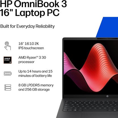 HP OmniBook 3 16 inch Laptop PC, 2K Touchscreen, AMD Ryzen 3 30, 8 GB RAM, 256 GB SSD, AMD Radeon 610M GPU, Windows 11 Home, Mica Silver, 16-by0199nr