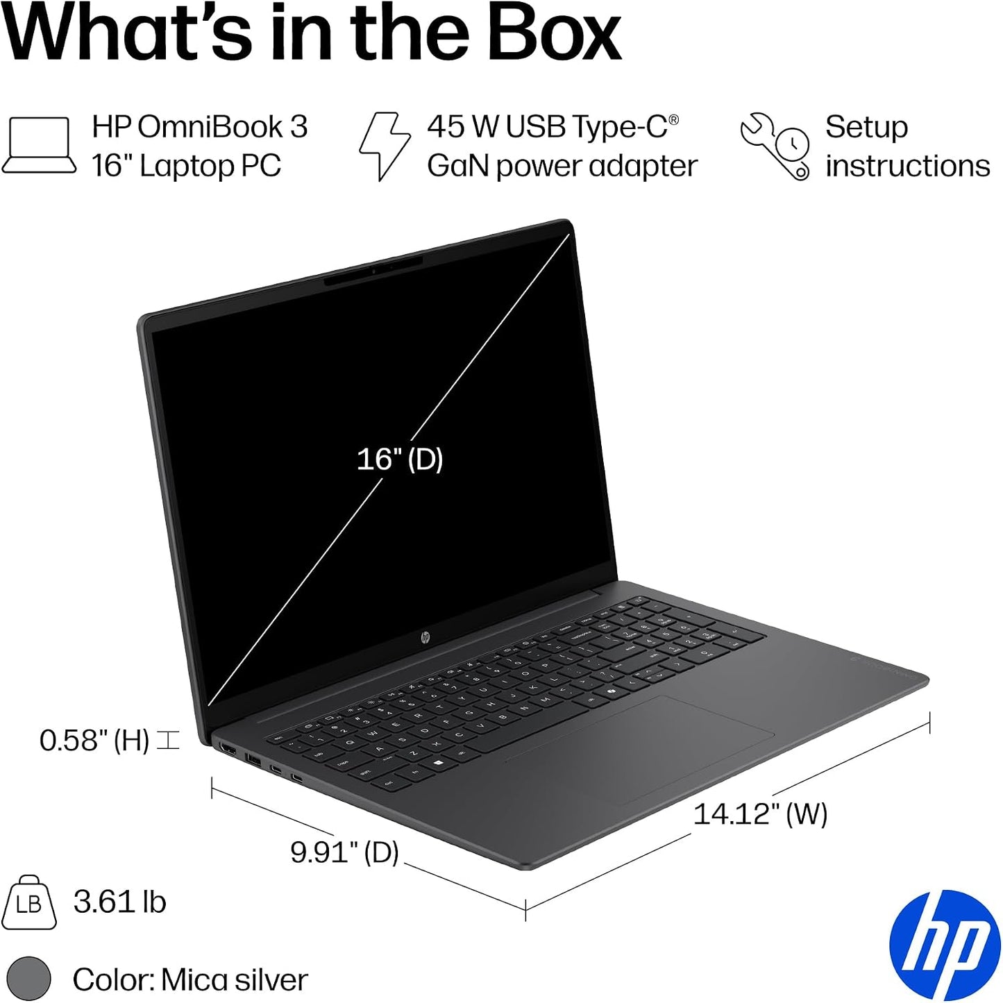 HP OmniBook 3 16 inch Laptop PC, 2K Touchscreen, AMD Ryzen 3 30, 8 GB RAM, 256 GB SSD, AMD Radeon 610M GPU, Windows 11 Home, Mica Silver, 16-by0199nr