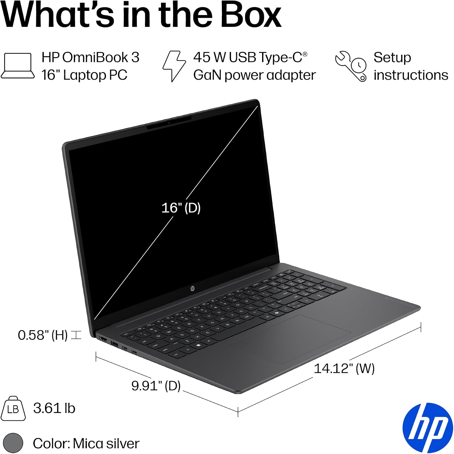 HP OmniBook 3 16 inch Laptop PC, 2K Touchscreen, AMD Ryzen 3 30, 8 GB RAM, 256 GB SSD, AMD Radeon 610M GPU, Windows 11 Home, Mica Silver, 16-by0199nr