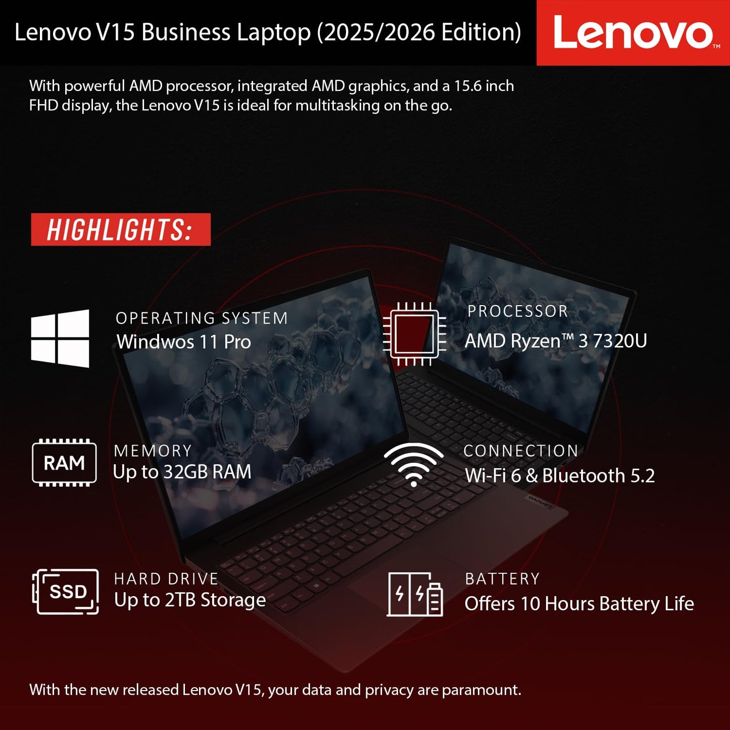 Lenovo 2026 Latest Business and Student Laptop, Ryzen 3 7320U(Outperforms Intel i7-1065G7), 16GB DDR5, 512GB PCIE, 15.6" FHD IPS Display, Wi-Fi 6, Bluetooth 5.3, Long Battery Life, Windows 11 Pro