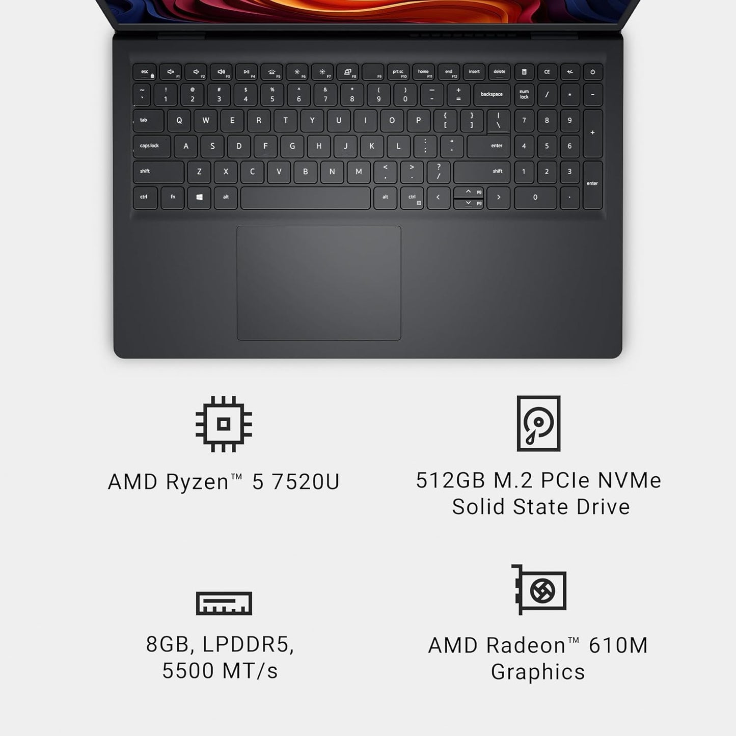 Dell 15 Laptop DC15255-15.6-inch FHD 120Hz Display, AMD Ryzen 5-7520U, 8GB LPDDR5 RAM, 512GB SSD, Radeon 610M Graphics, Windows 11 Home, Onsite Service - Carbon Black