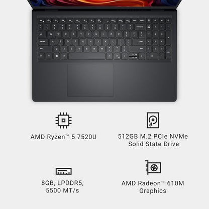 Dell 15 Laptop DC15255-15.6-inch FHD 120Hz Display, AMD Ryzen 5-7520U, 8GB LPDDR5 RAM, 512GB SSD, Radeon 610M Graphics, Windows 11 Home, Onsite Service - Carbon Black