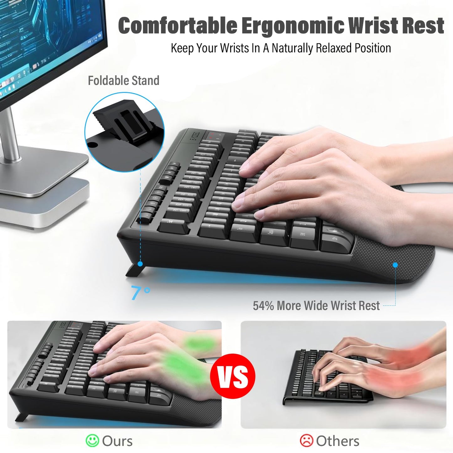 Wireless Keyboard and Mouse Combo,Silent Soft Touch Quiet Keyboard Less Noise 90%,Ergonomic with Wrist Rest,2.4GHz 104 Keys Full Size,2400 DPI Mouse,for PC Computer/Laptop/Mac Air/Mini/Pro