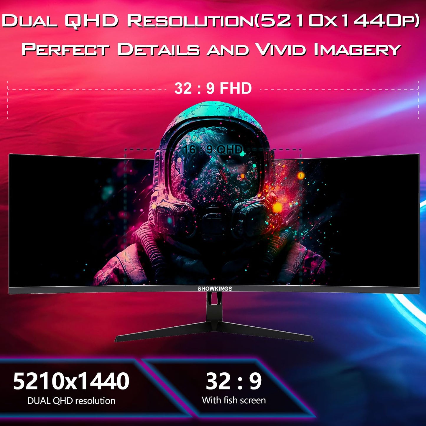 SHOWKINGS 49 Inch Curved Ultrawide QHD Gaming Monitor, 1500R 165Hz 32:9 QHD 5120x1440 Computer Monitor, 127% sRGB VESA Display HDR, Supports Wall Mounted Installation, Eye Care