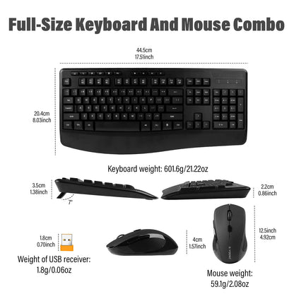 Wireless Keyboard and Mouse Combo,Silent Soft Touch Quiet Keyboard Less Noise 90%,Ergonomic with Wrist Rest,2.4GHz 104 Keys Full Size,2400 DPI Mouse,for PC Computer/Laptop/Mac Air/Mini/Pro