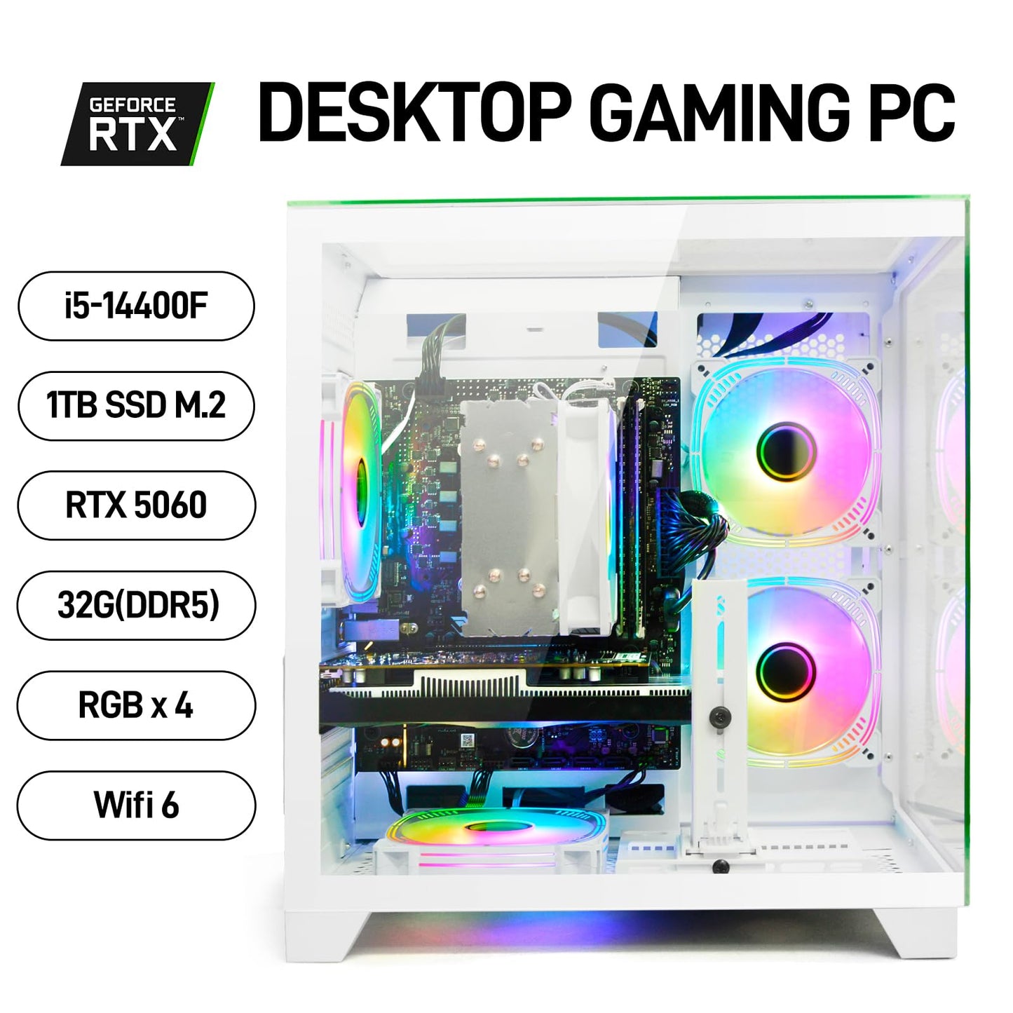 LXZ Gaming PC Desktop Computer, Core i5-14400F, GeForce RTX 5060 8GB, 32GB DDR5 RAM, 1TB SSD, WiFi 6, 650W PSU, Black Tower Prebuilt PC