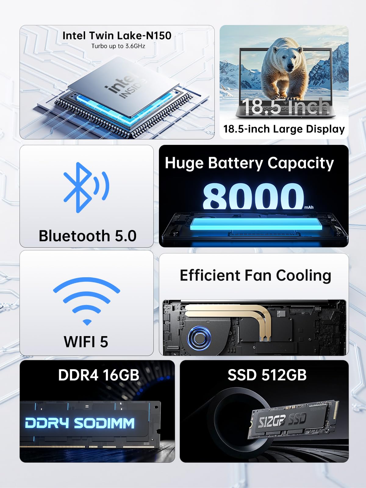 18.5 Inch Laptop with 8000 mAh Battery,Intel N150 Quad-Core Processor UP to 3.6GHZ,16GB DDR4 RAM 512GB SSD,WiFi 5,Full HD IPS Display,WIFI,2025 Windows 11 Laptops Computer for Business Office Student