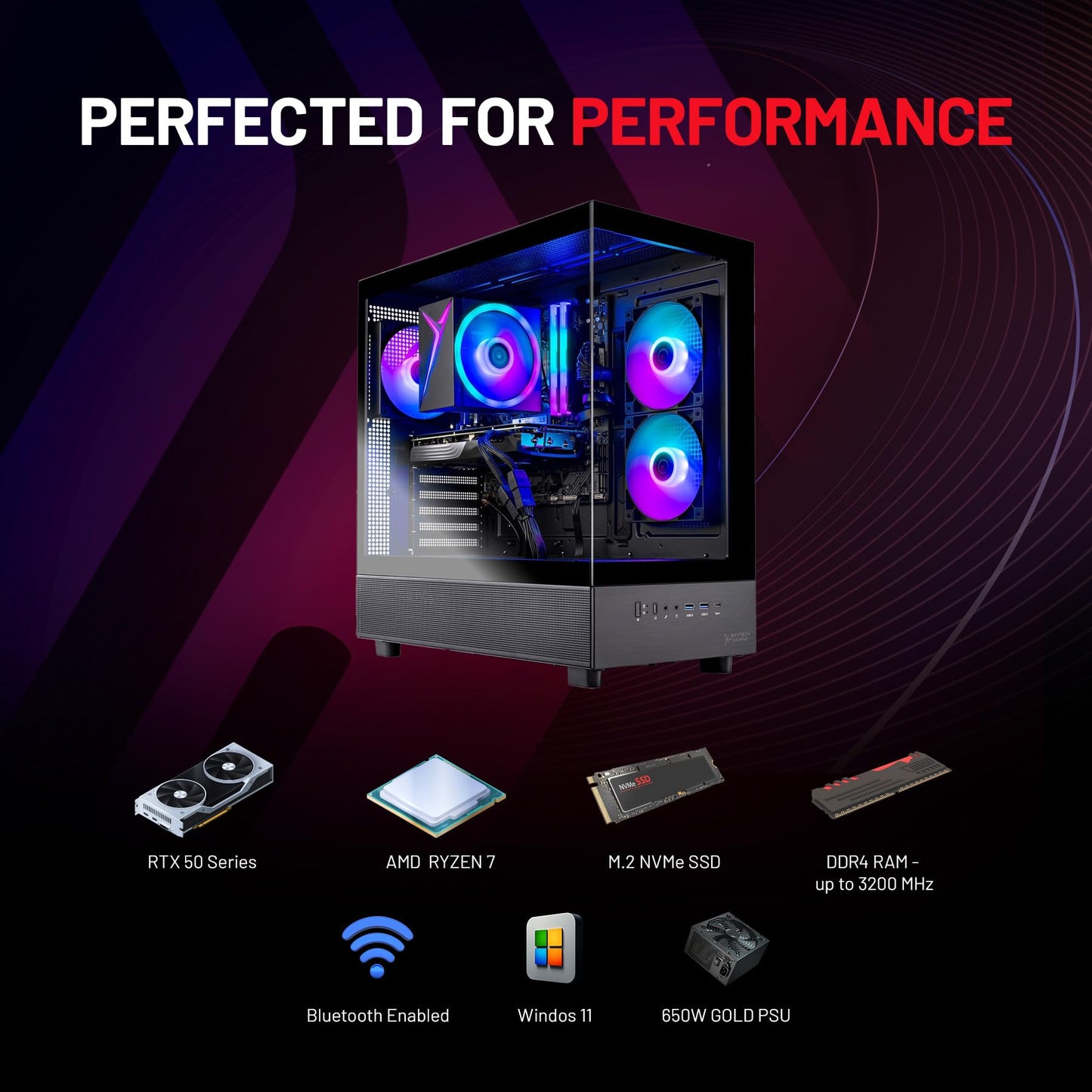 NEW Skytech Gaming Azure 3 Gaming PC, AMD Ryzen 7 5700 3.7GHz, NVIDIA RTX 5060, 1TB NVMe SSD, 32GB DDR4 RAM 3200, 650W Gold PSU, Wi-Fi, Win 11, Desktop