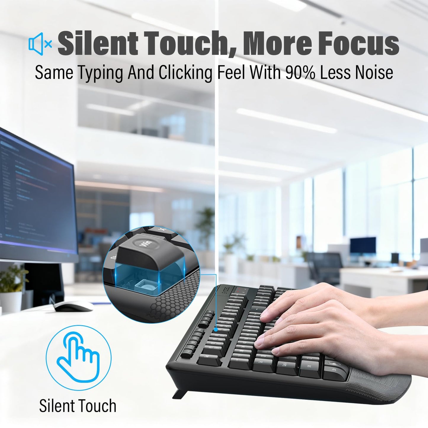 Wireless Keyboard and Mouse Combo,Silent Soft Touch Quiet Keyboard Less Noise 90%,Ergonomic with Wrist Rest,2.4GHz 104 Keys Full Size,2400 DPI Mouse,for PC Computer/Laptop/Mac Air/Mini/Pro