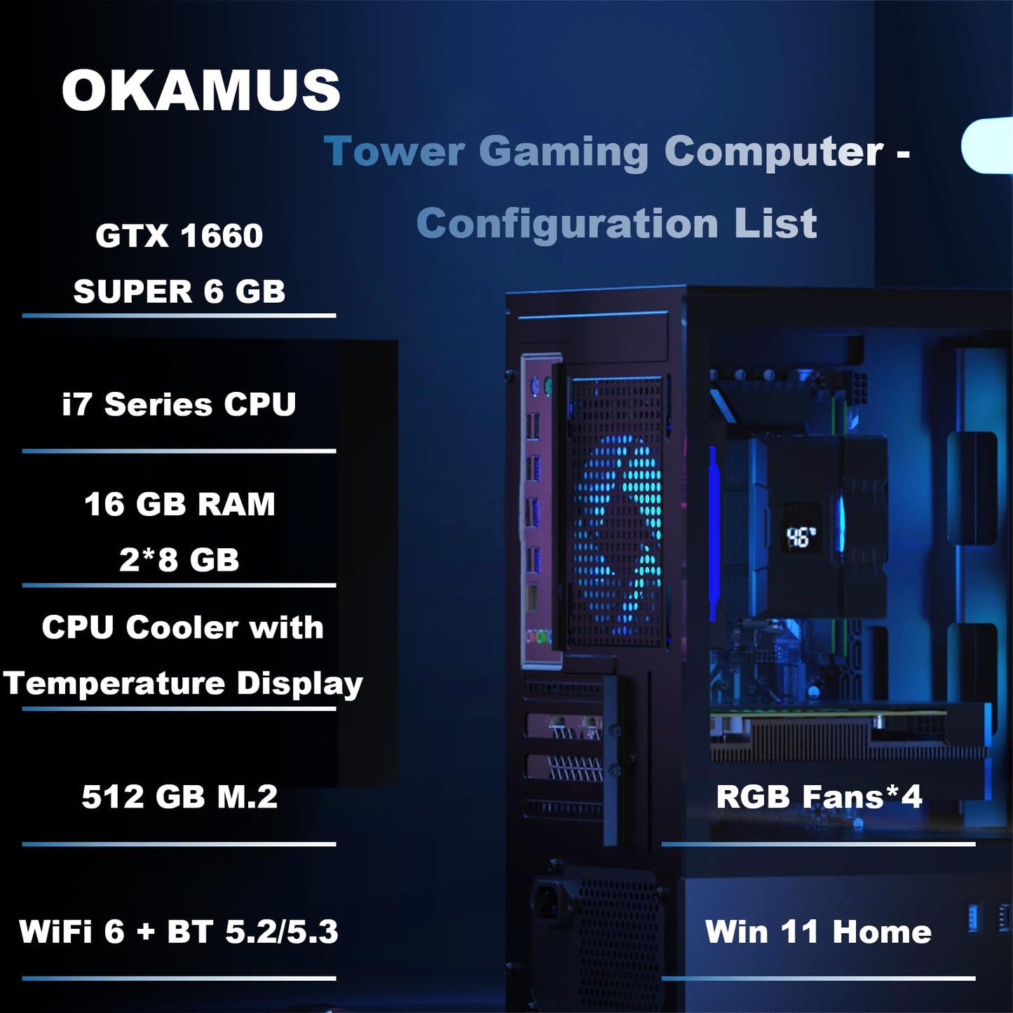 OKAMUS Gaming PC, i7 CPU, GTX 1660 Super 6GB Graphics, 512 GB M.2, 16 GB RAM Pre-Built Computer, RGB Fans x 4, Win 11 Home，WiFi 6 + 5.2/5.3, 550W PSU (i7+GTX 1660S+512GB+16GB)