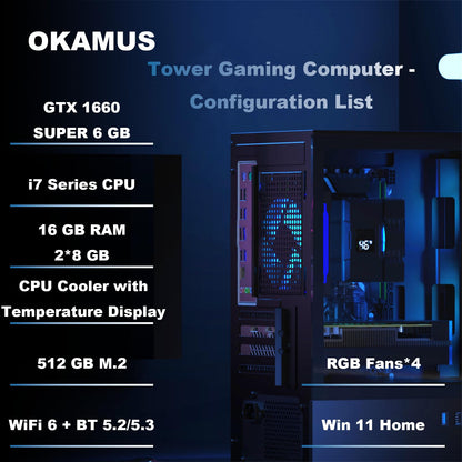 OKAMUS Gaming PC, i7 CPU, GTX 1660 Super 6GB Graphics, 512 GB M.2, 16 GB RAM Pre-Built Computer, RGB Fans x 4, Win 11 Home，WiFi 6 + 5.2/5.3, 550W PSU (i7+GTX 1660S+512GB+16GB)