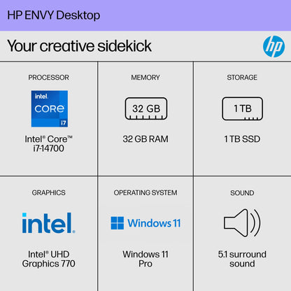 HP Envy Desktop PC, Intel Core i7-14700, 32 GB RAM, 1 TB SSD, UHD Graphics 770, Windows 11 Pro, TE01-5002 (2024)