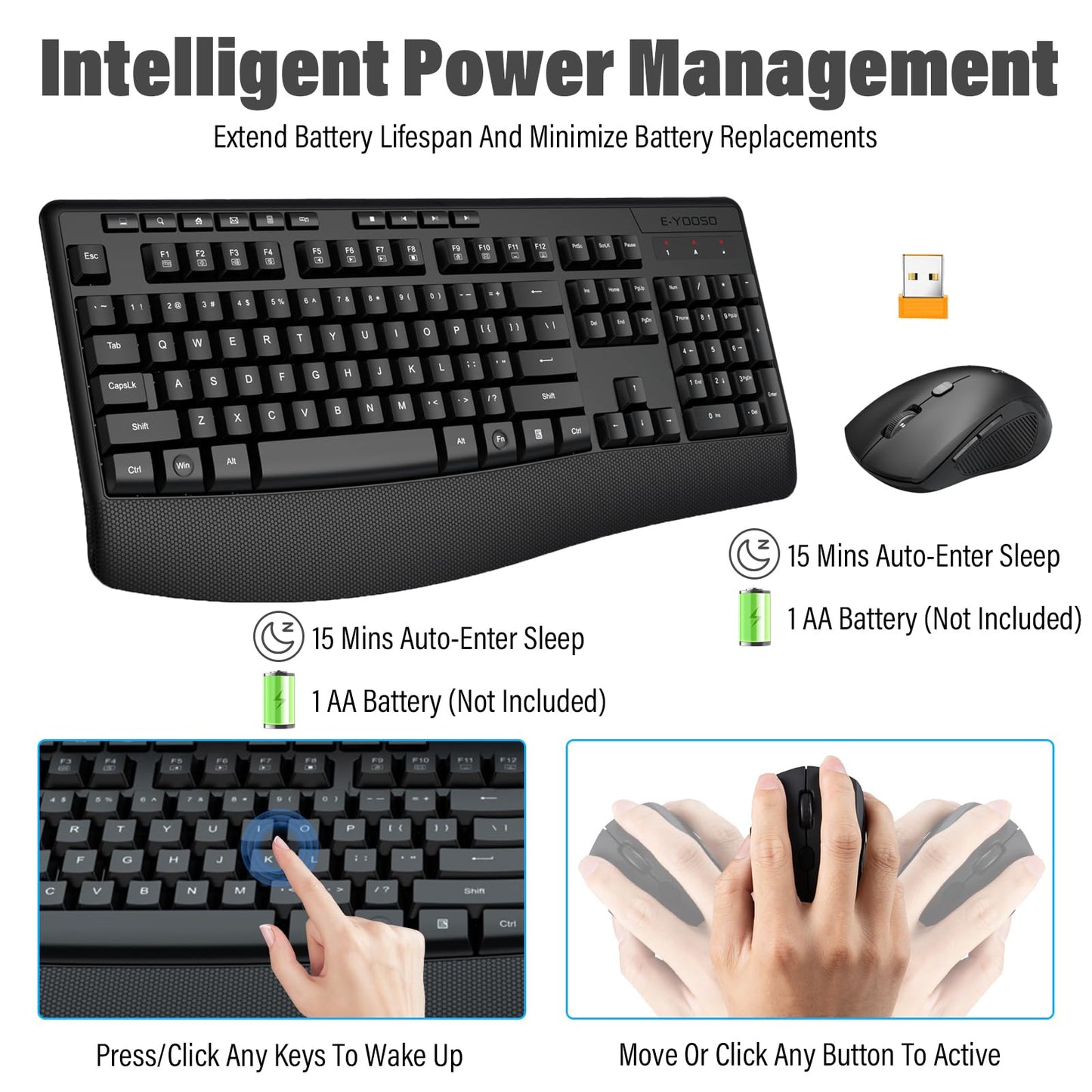 Wireless Keyboard and Mouse Combo,Silent Soft Touch Quiet Keyboard Less Noise 90%,Ergonomic with Wrist Rest,2.4GHz 104 Keys Full Size,2400 DPI Mouse,for PC Computer/Laptop/Mac Air/Mini/Pro
