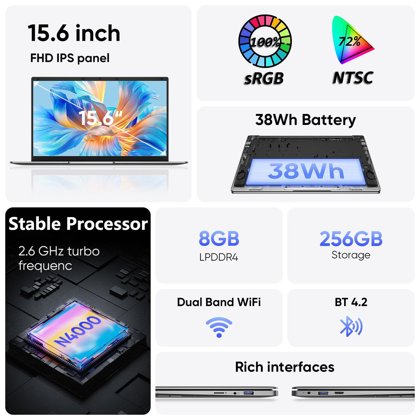 15.6" Laptop, 8GB RAM 256GB Storage, Celeron N4000 (up to 2.6GHz) 100% sRGB Screen, MS Office 2024, Win11 Pro Notebook Computer, Dual Band Wi-Fi, BT5.0, USB-A, Long Battery Life, Silver