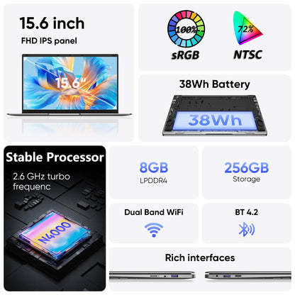 15.6" Laptop, 8GB RAM 256GB Storage, Celeron N4000 (up to 2.6GHz) 100% sRGB Screen, MS Office 2024, Win11 Pro Notebook Computer, Dual Band Wi-Fi, BT5.0, USB-A, Long Battery Life, Silver