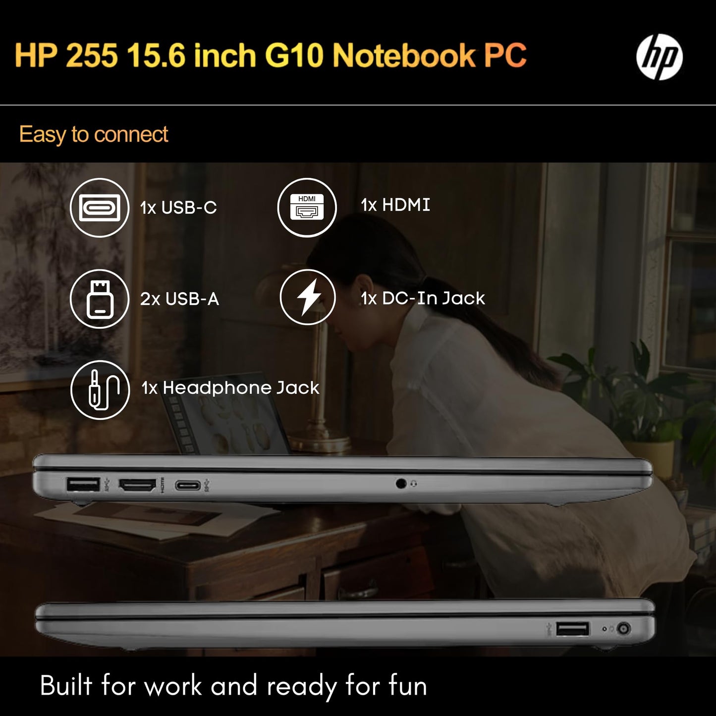 HP 255 G10 Laptop for Home or Work - Lifetime Microsoft Office 365 for Web - 15.6" Full HD - Ryzen 3 7330U (Beat Intel i5-1135G7) - 16GB RAM - 256GB SSD - HDMI - USB-C - Windows 11 w/o Mouse