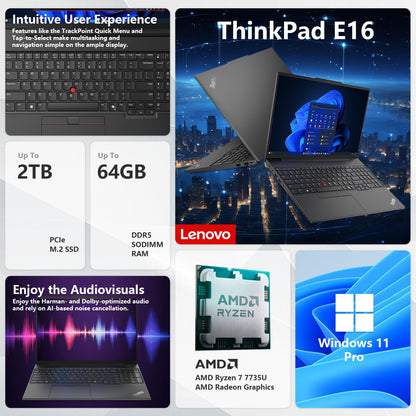 Lenovo ThinkPad E16 Gen 2 Laptop | 16" FHD+ | AMD Ryzen 7 7735U | 32GB DDR5 RAM | 1TB SSD | Fingerprint | Backlit Keyboard | | Webcam | HDMI | Wi-Fi 6 | Windows 11 Pro | Black | with Bundle Set