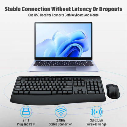 Wireless Keyboard and Mouse Combo,Silent Soft Touch Quiet Keyboard Less Noise 90%,Ergonomic with Wrist Rest,2.4GHz 104 Keys Full Size,2400 DPI Mouse,for PC Computer/Laptop/Mac Air/Mini/Pro