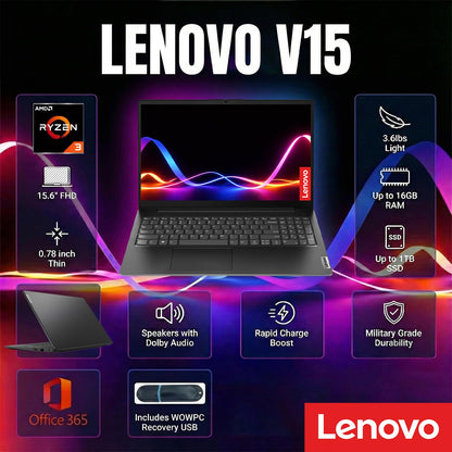 Lenovo 2026 V15 Business Laptop with Microsoft Office 365, AMD 7000 Series Ryzen CPU (Beats Intel i7-1160G7), 15.6" FHD IPS Display, 16GB RAM, 256GB SSD, RJ-45, Windows 11 Pro, WOWPC USB, No Mouse