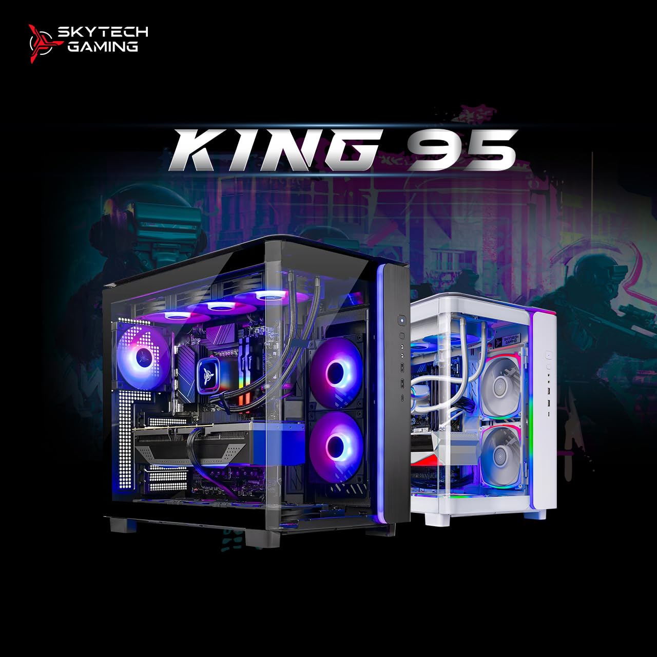 NEW Skytech King 95 Gaming PC Desktop, Ryzen 7 9800X3D 4.7 GHz (5.2 GHz Turbo Boost), NVIDIA RTX 5070 12GB GDDR7, 1TB Gen4 SSD, 32GB DDR5 RAM 6000 RGB, 850W Gold PSU, 360mm ARGB AIO, Wi-Fi, Win 11 Home