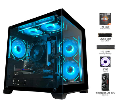 SKYESEV Gaming PC Desktop Computer, AMD Ryzen 5 5500, RX6500XT 4GB Graphics, 16GB DDR4 RAM, 512GB NVMe SSD, ARGB Fans, Game Design Office