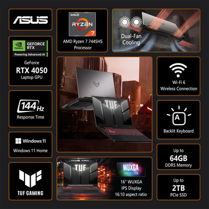 ASUS TUF A16 Gaming Laptop | 16" WUXGA IPS 144Hz | AMD 6-Core Ryzen 7 7445HS | 16GB DDR5 512GB SSD | NVIDIA GeForce RTX 4050 (194 AI Tops) | Backlit Keyboard USB 4 Wi-Fi 6 Win11 w/DLCA Accessory