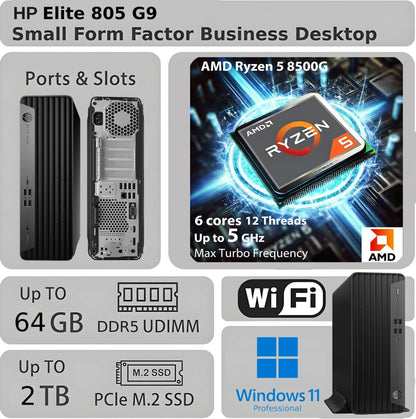 HP Elite 805 G9 SFF Business Desktop Computer, AMD Ryzen 5 8500G, 8GB DDR5, 512GB PCIe, Radeon 740M Graphics, Dual 4K Display Support, USB-C, HDMI, RJ-45, Wi-Fi, Wired KB & Mouse, Win11