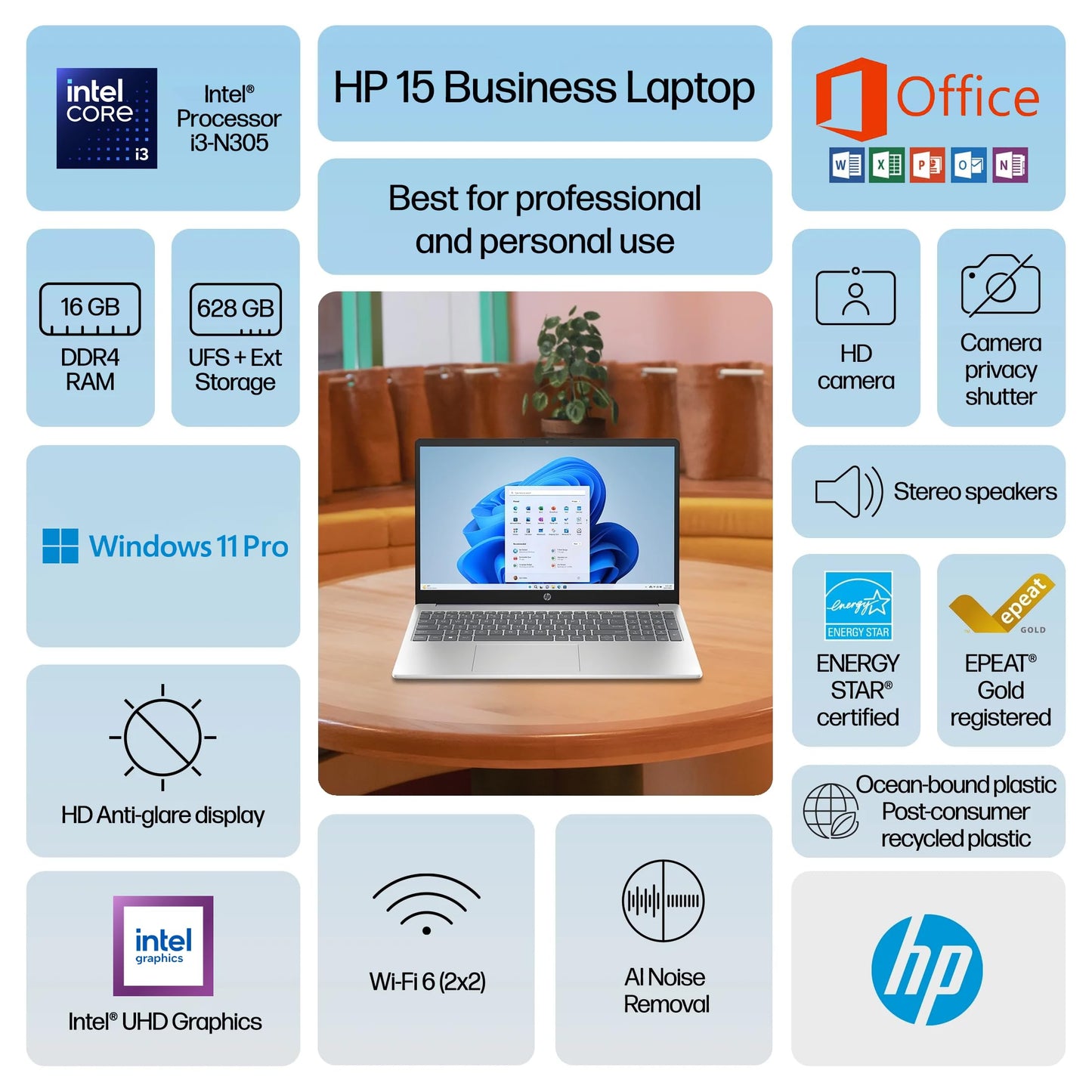 HP 15.6” Laptop Computer 2025-2026 Edition Student Business, Lifetime MS Office, 8-Core Intel i3 CPU, 16GB RAM, 628GB Storage (128GB UFS+500GB Ext), Wi-Fi 6, Long Battery, MarxsolAccessory, Win 11 Pro
