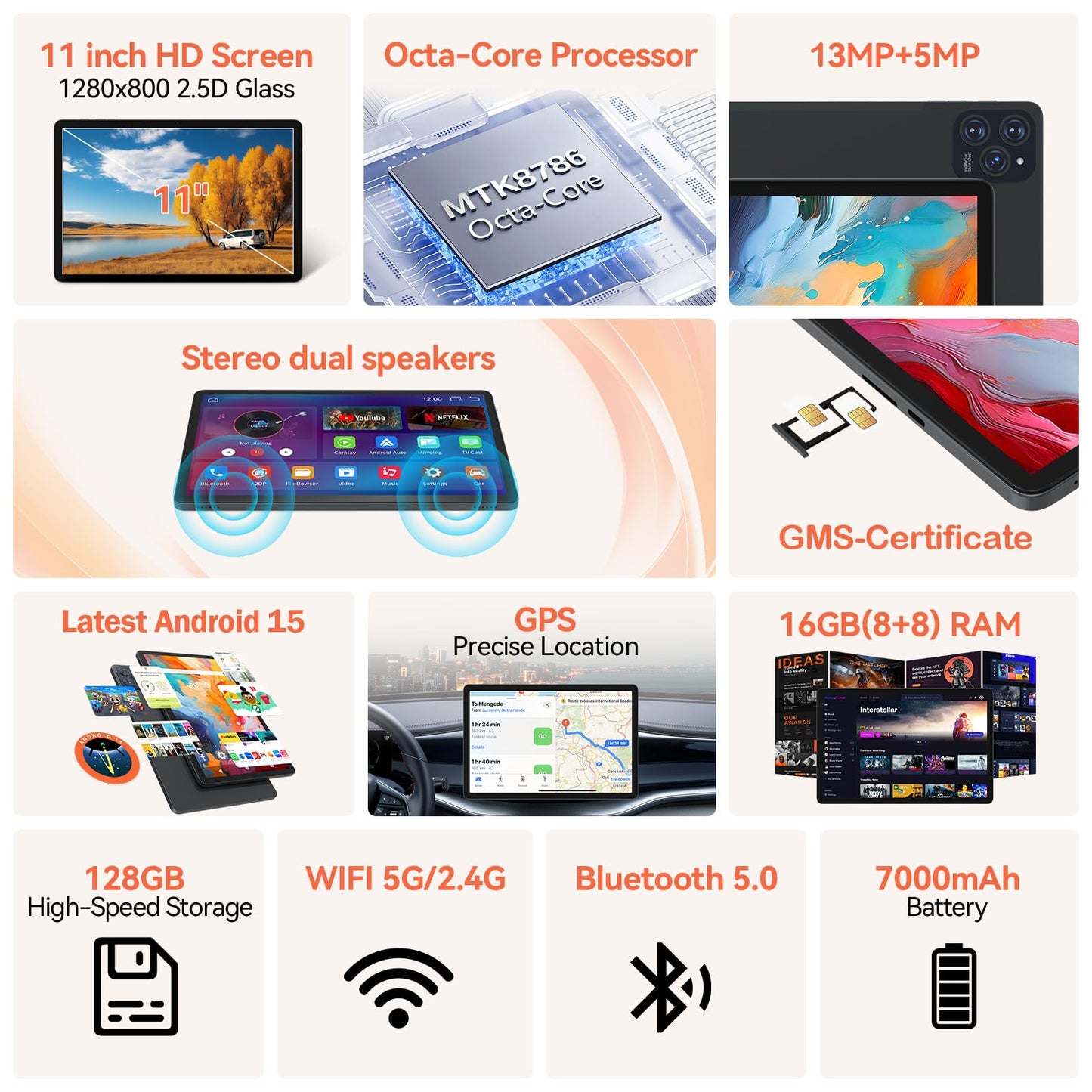 2026 Latest 11 Inch Tablet Android 15 Tablets with Octa Core Processor 16GB RAM 128GB ROM 1TB Expand Tablet with 7000mAh Battery, 21MP Camera, FHD Screen, GPS, 5G WiFi+2.4G WiFi, Deal Speaker, BT 5.0