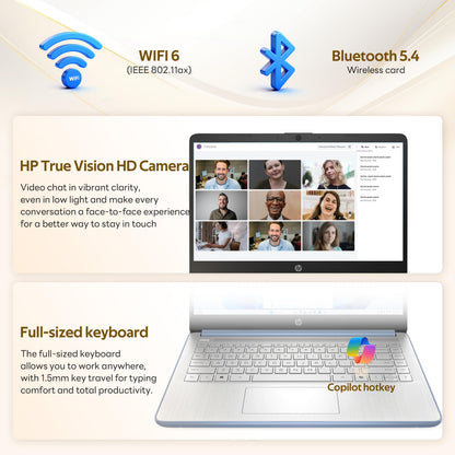 HP Stream 14" Laptop with AI Copilot, Flagship for Students & Business, 13th Gen Intel 4-Core, 4GB RAM, 1.12TB Storage (128GB UFS + 1TB Docking Station), Office 365 1-Year, Win 11 S, Sky Blue