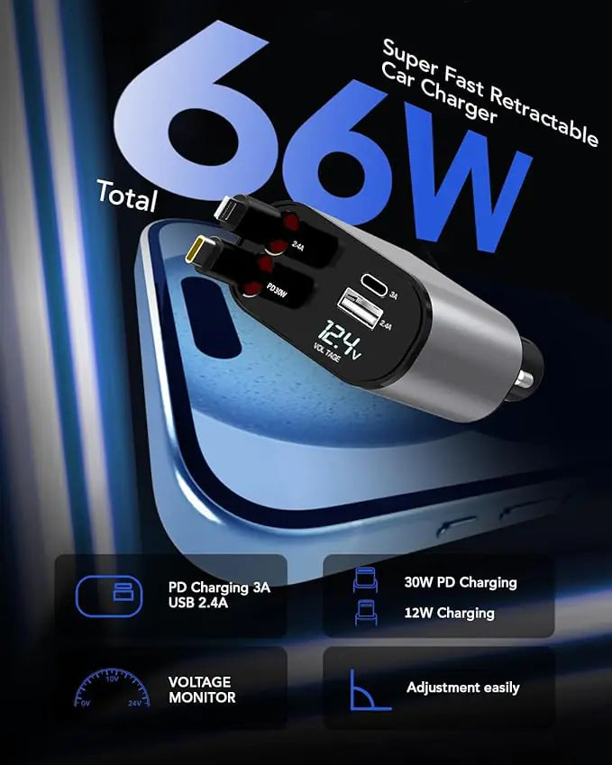 Retractable Car Charger, 4 in 1 Fast Car Phone Charger 66W