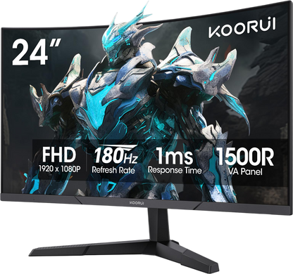 KOORUI 24 inch Curved Gaming Monitor 180Hz FHD 1080P Computer Monitor, 1ms 1500R Display, Adaptive Sync, FreeSync Premium, HDMI 2.0X2 & DP 1.2, VESA, Tilt, 24E6CA