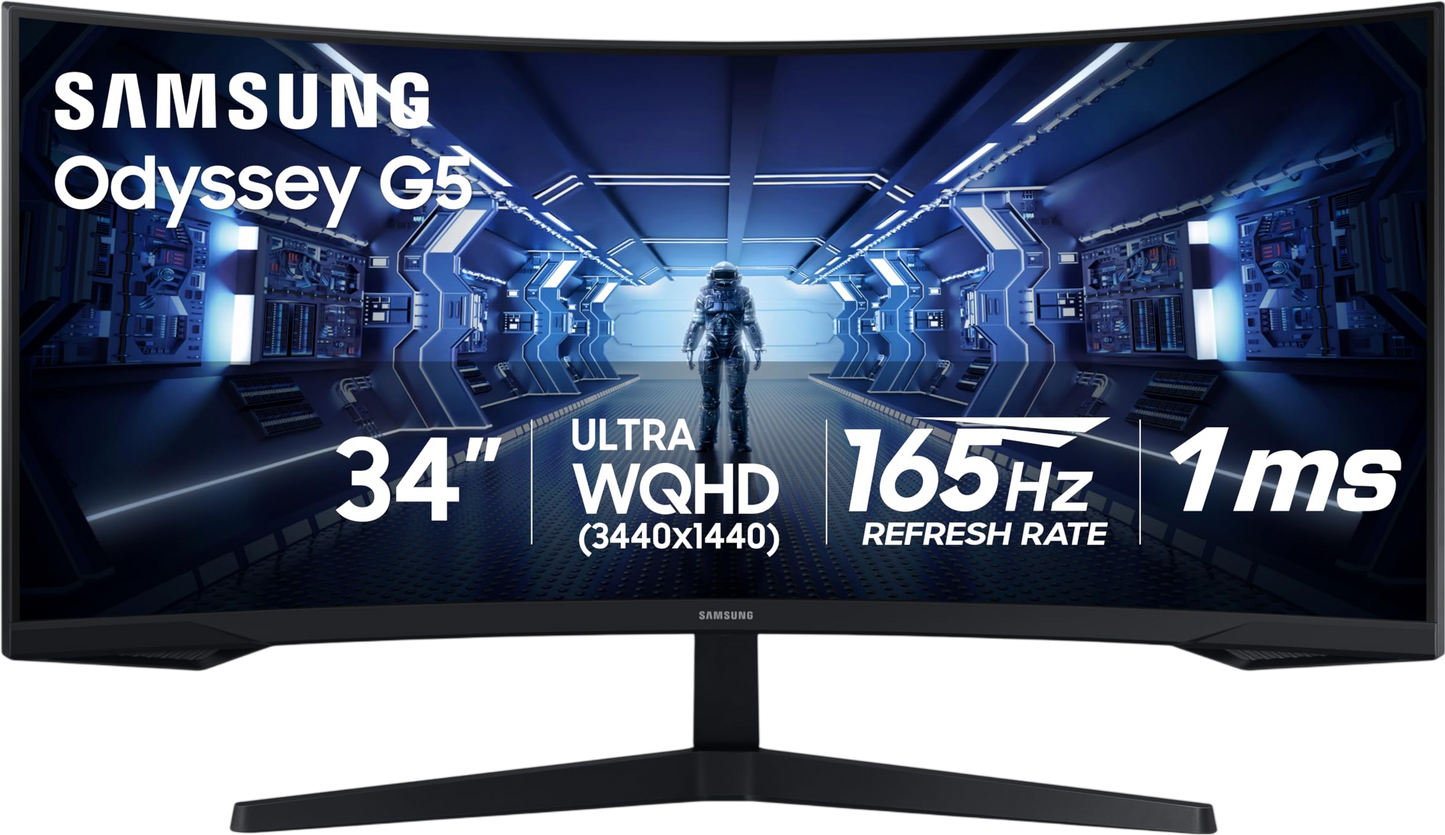 SAMSUNG 34' Odyssey G5 Ultra-Wide Gaming Monitor with 1000R Curved Screen, 165Hz, 1ms, FreeSync Premium, Large Display, Eye Comfort, Multiple Ports, WQHD, LC34G55TWWNXZA, Black