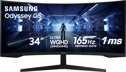SAMSUNG 34' Odyssey G5 Ultra-Wide Gaming Monitor with 1000R Curved Screen, 165Hz, 1ms, FreeSync Premium, Large Display, Eye Comfort, Multiple Ports, WQHD, LC34G55TWWNXZA, Black